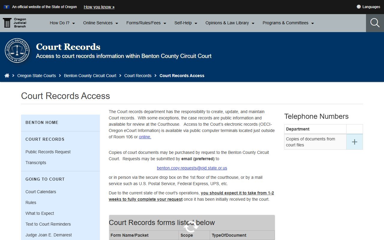 Benton County court records after arrest Circuit Court records access page